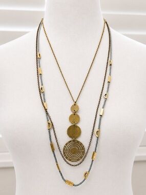 3 in 1 Lucky Brand Layered Necklace Gold Tone Medallion Pendant Blue Cord